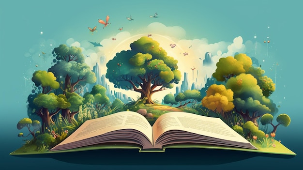 Vector a book with a tree in the middle of it and a tree on the top of it