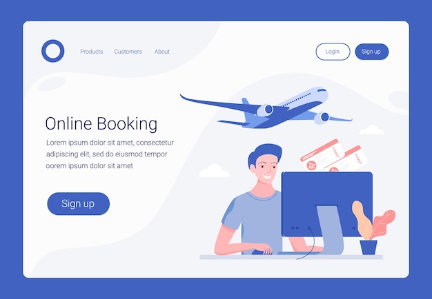 Book your flight, online booking concept. Landing page template. Happy young man book two plane tickets. Trendy flat style.  .