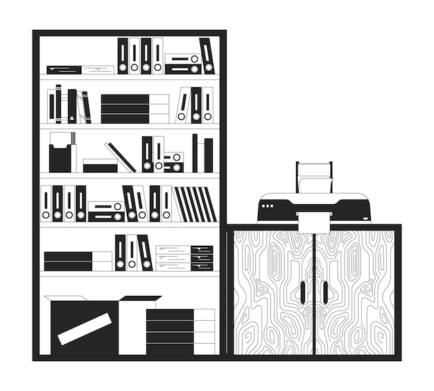 Vector bookcase and cabinet with printer black and white 2d line cartoon object