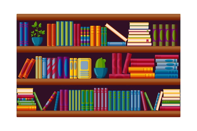 Vector bookcase for home library books and plants on the shelves in cartoon style vector illustration