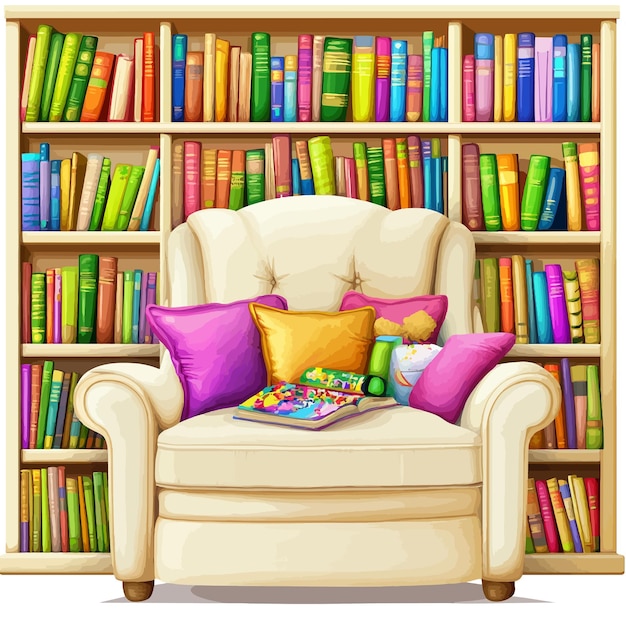 Vector a bookcase with books on the bottom and a picture of a chair with a book on the front