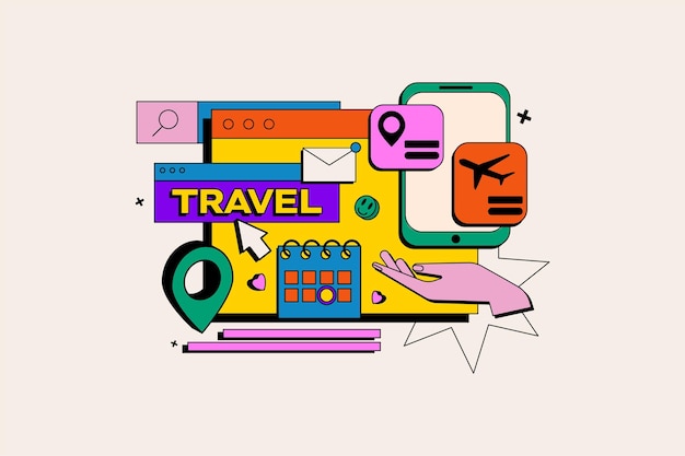 Booking travel concept in the flat cartoon style Colorful icons highlight essential elements