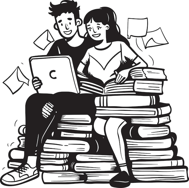 Bookish Bonding Couple Collaborating on Laptop Resting on Books with Vector Black Logo Digital Duet