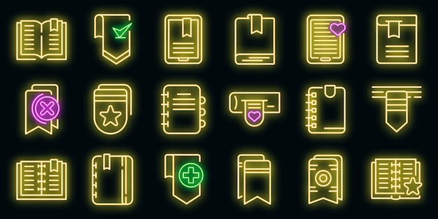 Bookmark icons set. Outline set of bookmark vector icons neon color on black