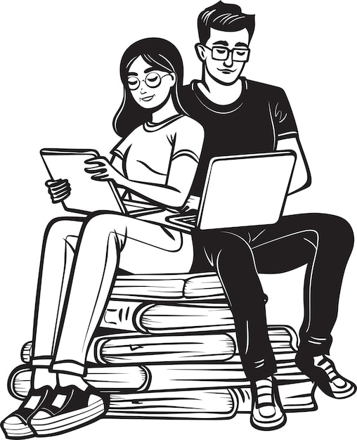 Bookmarked Moments Couple with Laptop on Stack of Books Vector Black Logo Tech Savvy Twosome Couple