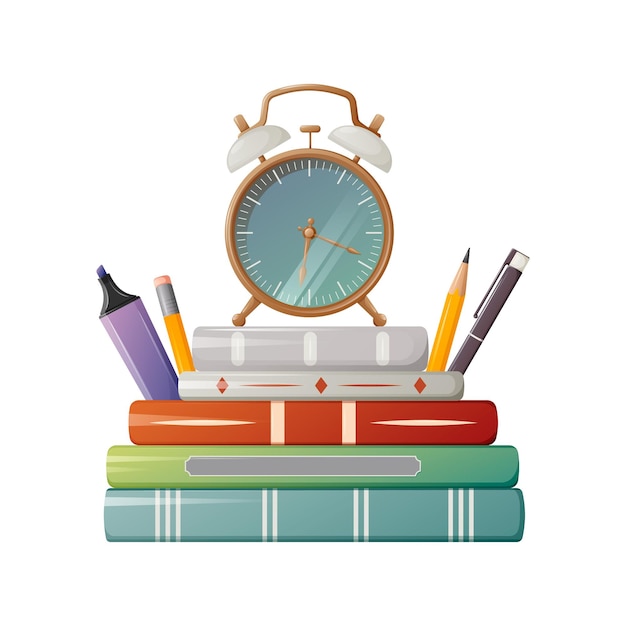 Books, alarm clock and stationery. Items for school, education. Vector illustration, cartoon style