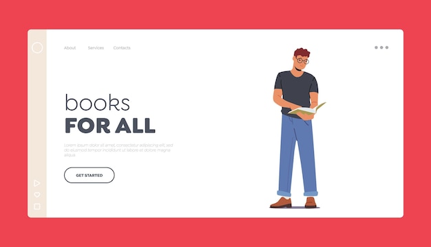 Books for All Landing Page Template Young Man Student in Glasses Stand with Book in Hand Male Character Bookworm