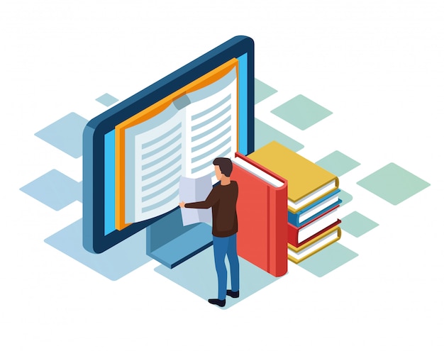 books, computer and man standing over white background, colorful isometric 