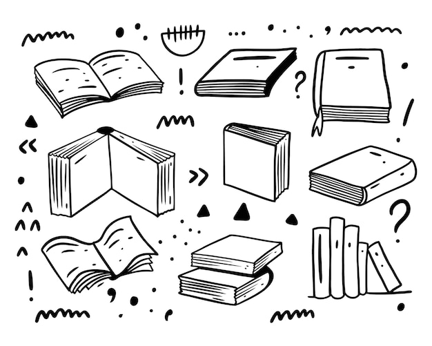 Books hand drawn doodles big set collection.