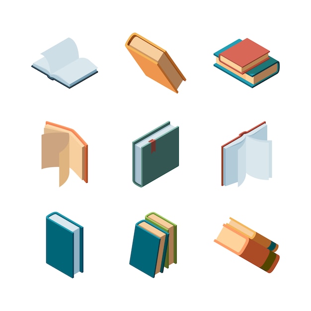 Books isometric. Diary open and closed magazines and books library colorful isometric  collection