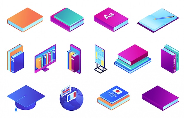 Books and online education isometric 3D illustration set.