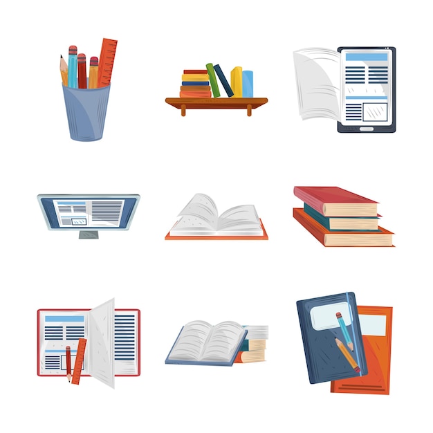 Books online literature study learn education academic icons set  illustration