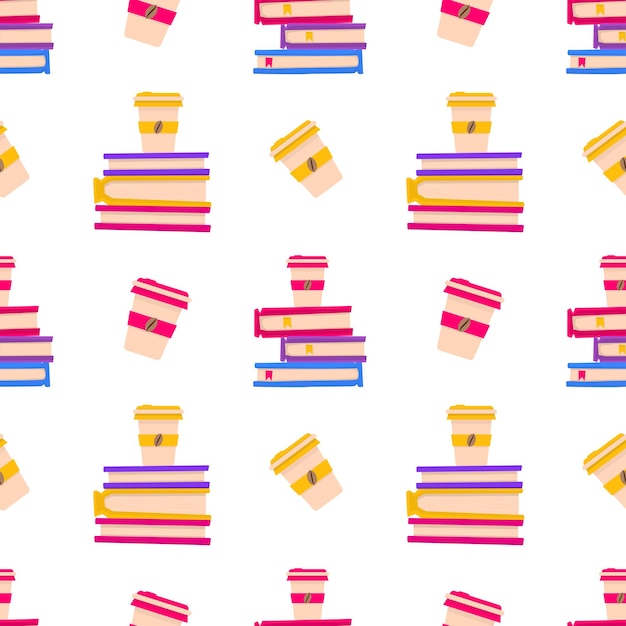 Books pile with coffee to go cup seamless pattern