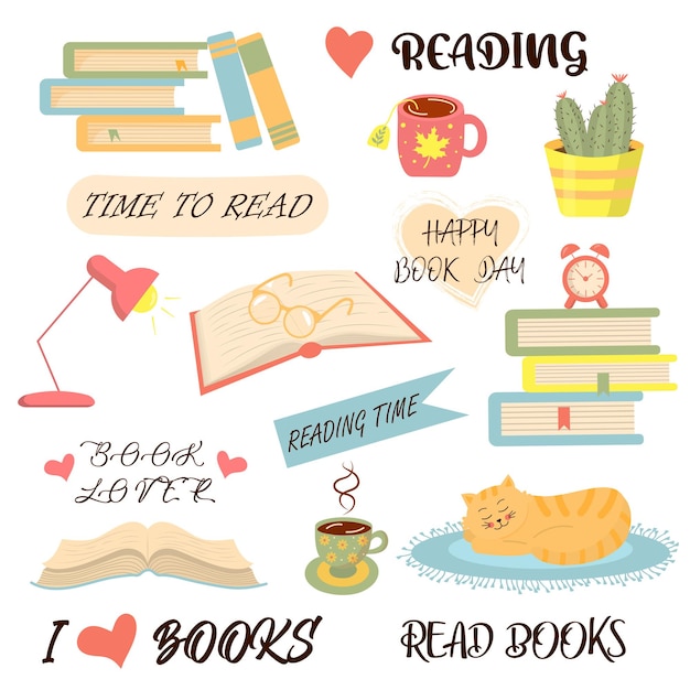 Books, reading and cozy things set. Concept is love reading, world books day.