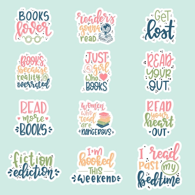 Books and reading lettering set hand drawn typography poster conceptual handwritten phrase t shirt h...