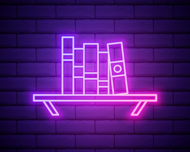 Books on shelf neon sign Various colorful in row on shelf Night bright advertisement Vector illustration in neon style for literature and library isolated on brick wall background