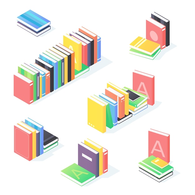 Books stack isometric set illustration