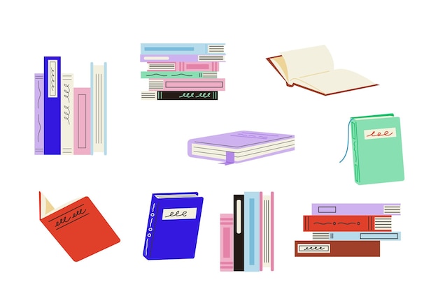 Books stacked vertically and horizontally. Book cover with writing. open books. flat vector illustra