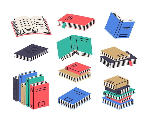 Books stacks and piles reading education textbooks cartoon vector symbols set