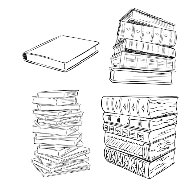 Books vector collection pile of books hand drawn illustration in sketch style library books shop