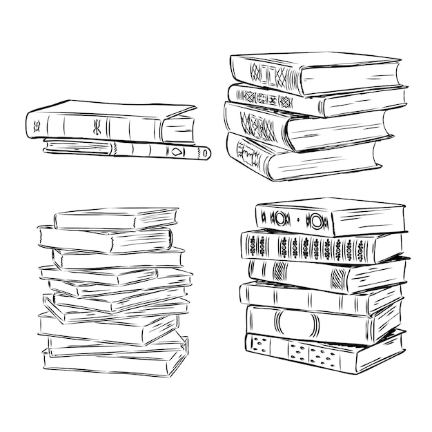 Books vector collection pile of books hand drawn illustration in sketch style library books shop