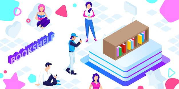 Bookshelf isometric design icon Vector web illustration 3d colorful concept