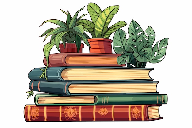 Bookshelf stack of books houseplants sticker cartoon colorful flat vector illustration