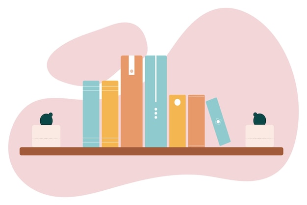 A bookshelf with books and flowers on a pink background.