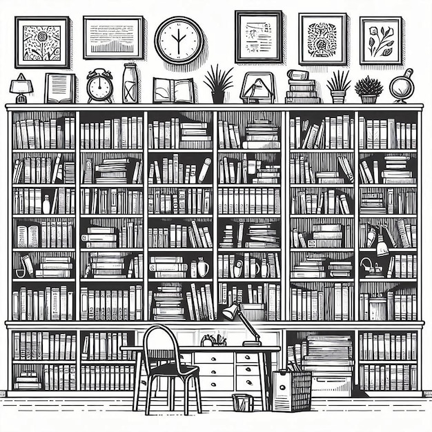 Vector bookshelves silhouette line art vector illustration on white background