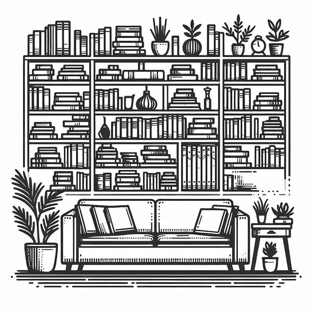 Vector bookshelves silhouette line art vector illustration on white background