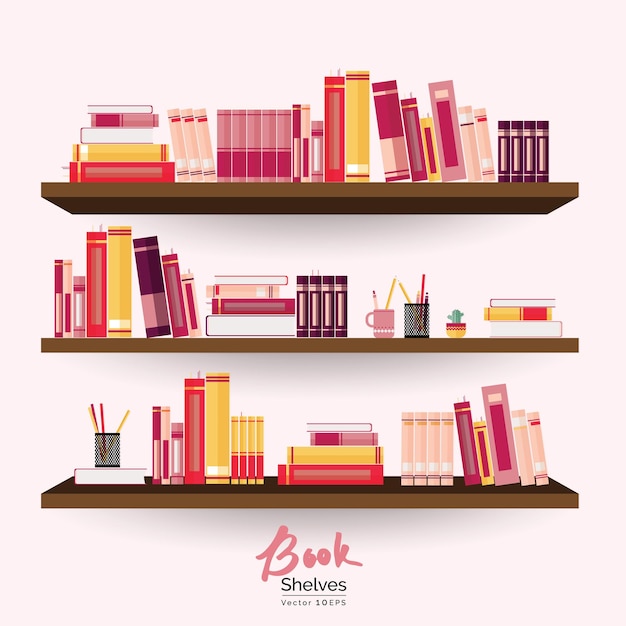 Bookshelves with colorful books and stationery on the wall