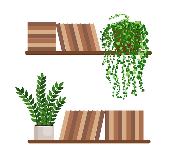 Bookshelves with stacks of books with house plants on the wall Vector illustration of interior decoration elements