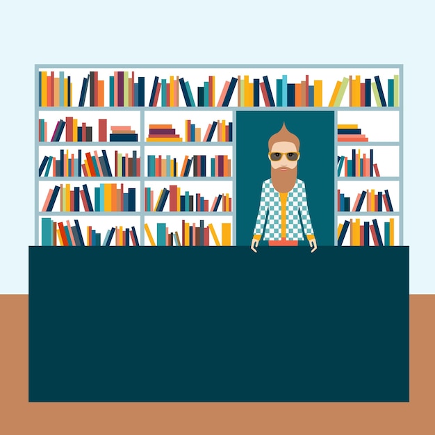 Bookstore and bookseller man Flat vector illustration