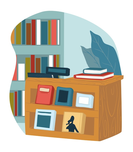 Bookstore counter shop with publication vector