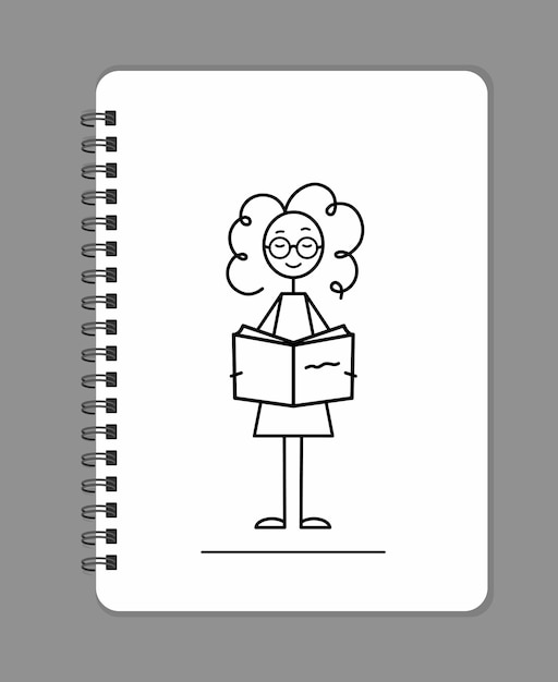 Bookworm or booklover sketch curly girl enjoy literature black line vector illustrationiling girl handdrawn female character doddle image on notebook page