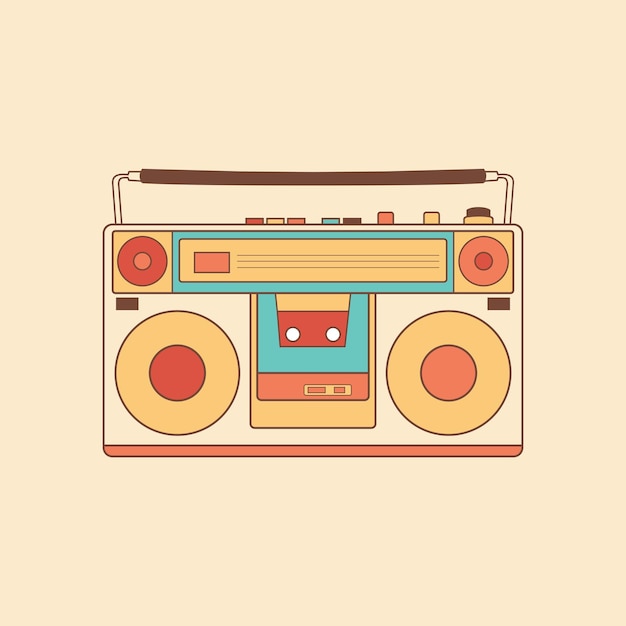 Boombox Radio cassette player music retro vintage vector illustration isolated on yellow background