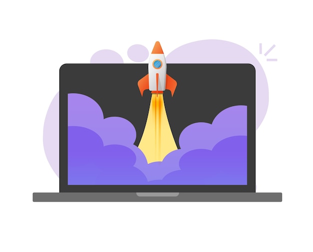 Boost rocket launch business online on laptop computer