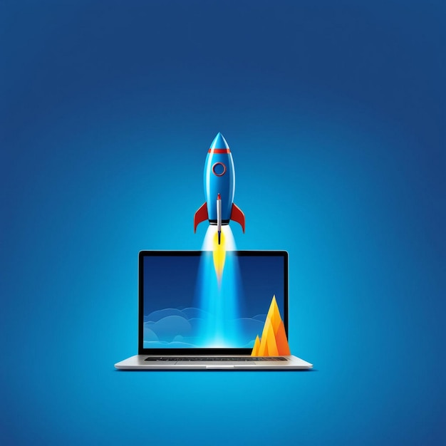 Boosting Performance Laptop Screen Launching Space Rocket Speed Up and Repair Concept