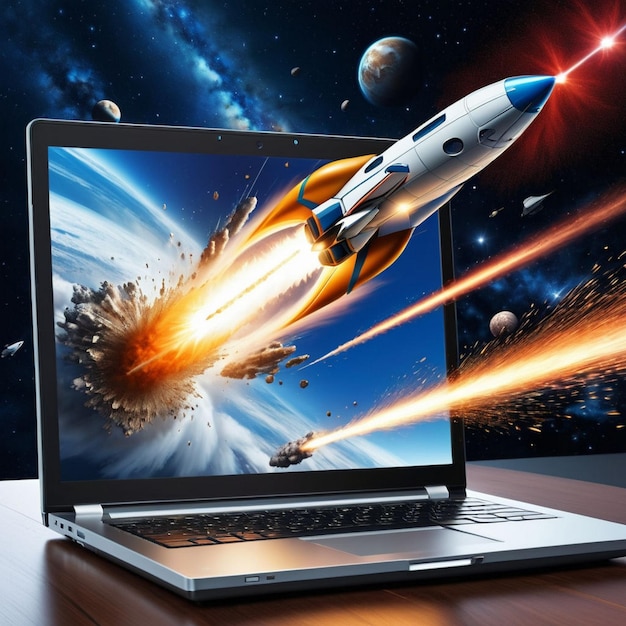 Boosting Performance Laptop Screen Launching Space Rocket Speed Up and Repair Concept