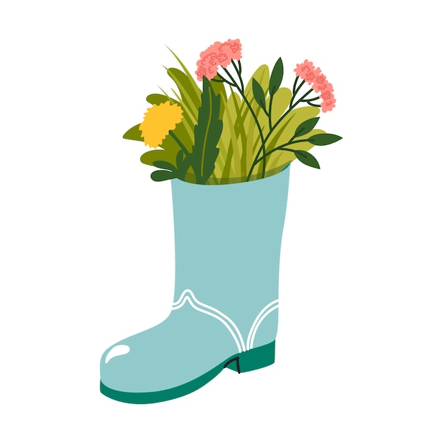 Boot decorated with a bouquet of wild flowers Decoration for garden or park Hand drawing print design Lawn decorations Flat style in vector illustration Isolated element