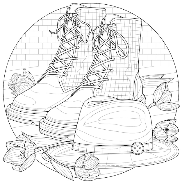 Boots, hat and tulips.Coloring book antistress for children and adults. Zen-tangle style.Black and white drawing.Hand draw