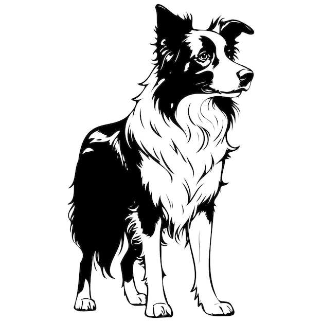 Vector border collie monochrome outline drawing realistic tattoo painting on transparent background