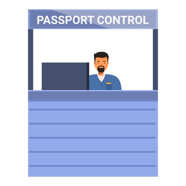 Vector border control officer standing passport control booth airport