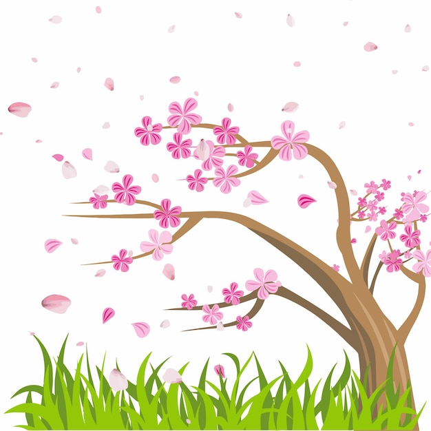 border of illustrations of grass and cherry blossoms