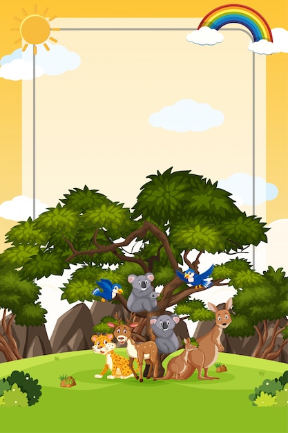 Border template design with many wild animals in background