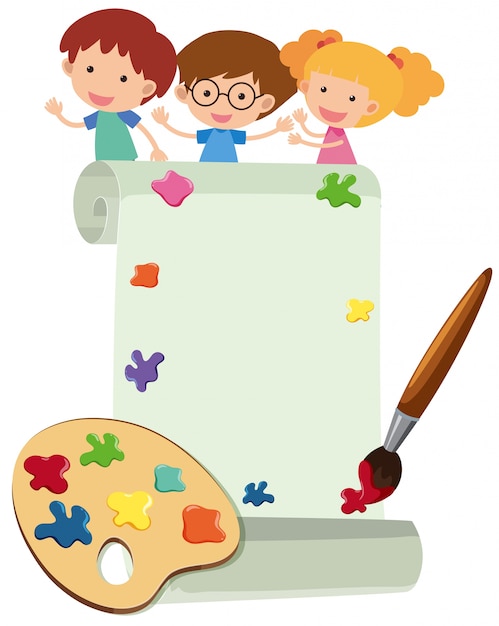 Vector border template with happy kids and paintbrush