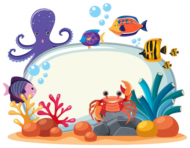 Border template with many sea animals underwater