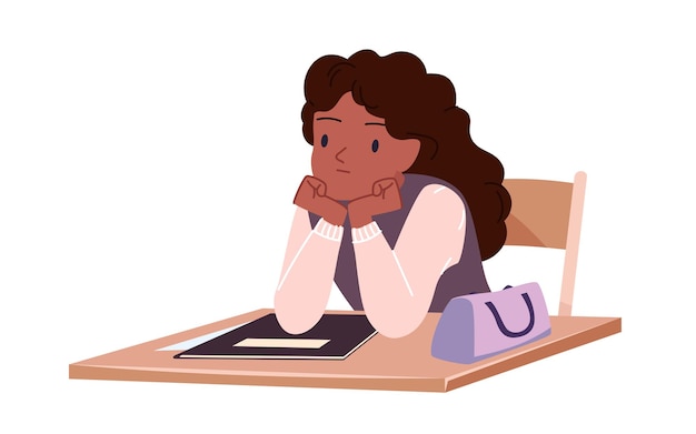 Vector bored sad student thinking and sitting at school desk girl at table tired of hard study