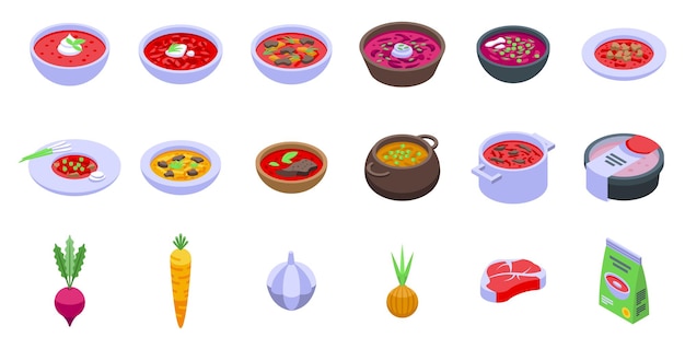 Borsch icons set isometric vector Beet food