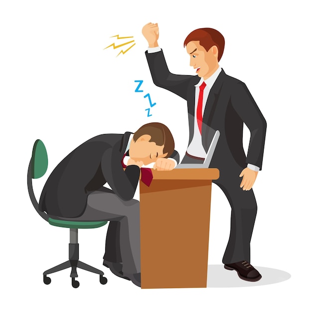 Boss crying at sleeping worker laying on table. Tired manager fall asleep at working place. Angry employer trying to wake up exhausted coworker. Angry chef shouting on dreaming male realistic 